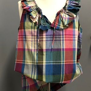 NWOT, Tommy Hilfiger Sleeveless Ruffled Plaid Cotton Top, Sz Med